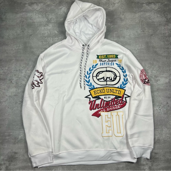 Ecko Unltd “Unlimited EU” Rhino Crest Pullover White Hoodie Men’s Size Large - Picture 1 of 5